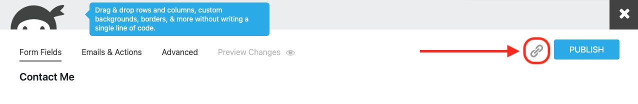 image of the Ninja Forms form builder screen with the public link icon highlighted next to the publish button